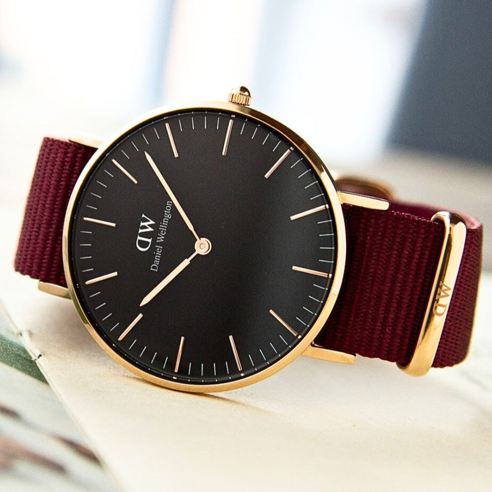 Shop Authentic Daniel Wellington Classic Roselyn Black Dial Maroon Nylon Strap Watch For Women - DW00100273 - Luxxuri