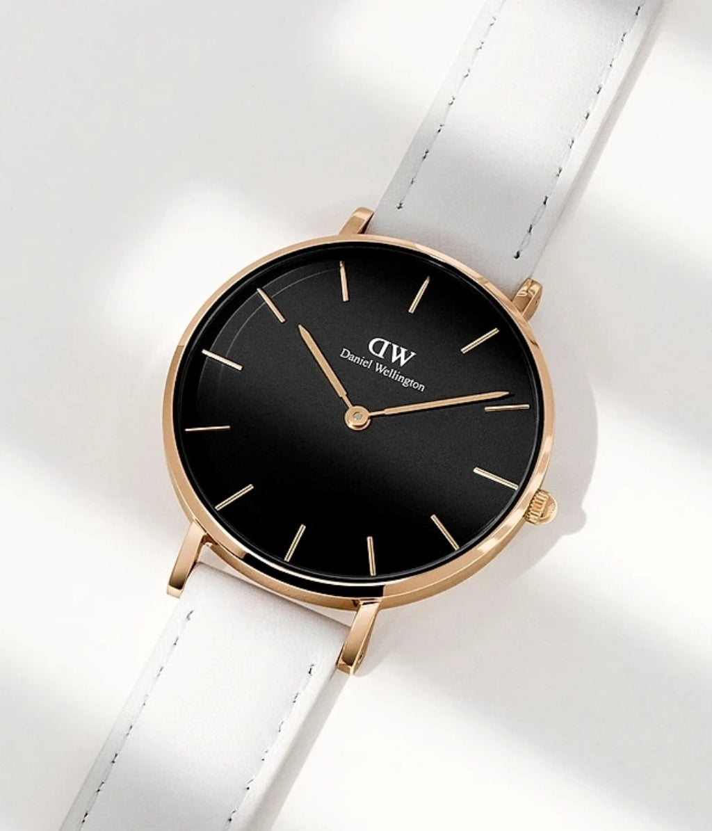 Shop Authentic Daniel Wellington Classic Petite Bondi Black Dial White Leather Strap Watch For Women - DW00100285 - Luxxuri