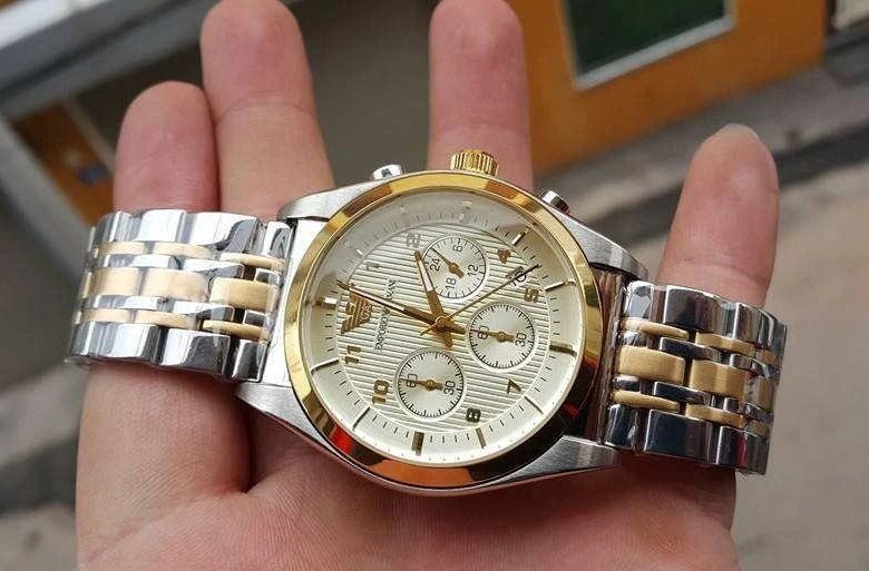 Shop Authentic Emporio Armani Classic Chronograph White Dial Two Tone Steel Strap Watch For Men - AR0396 - Luxxuri