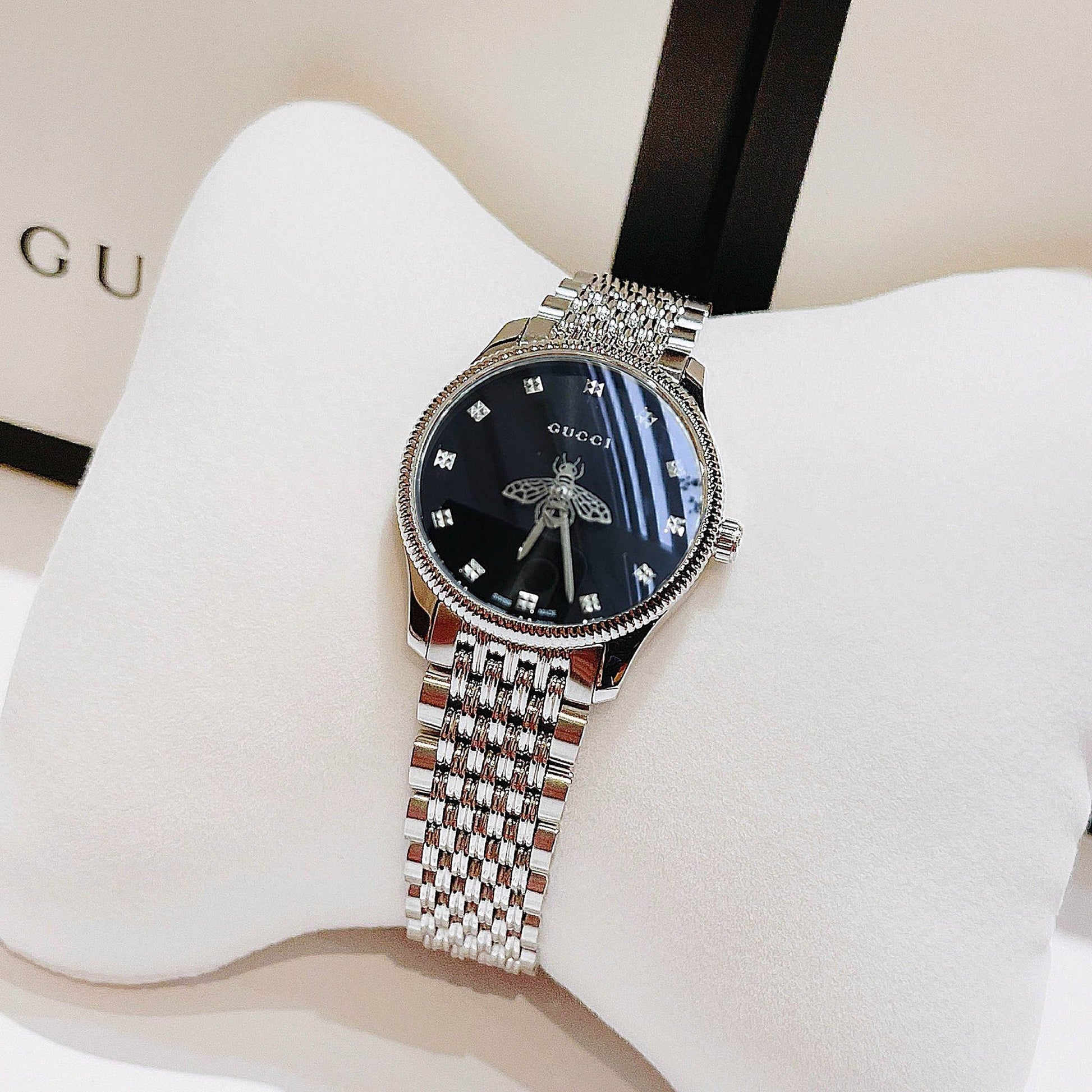 Shop Authentic Gucci G Timeless Quartz Black Dial Silver Steel Strap Watch For Women - YA1265020 - Luxxuri