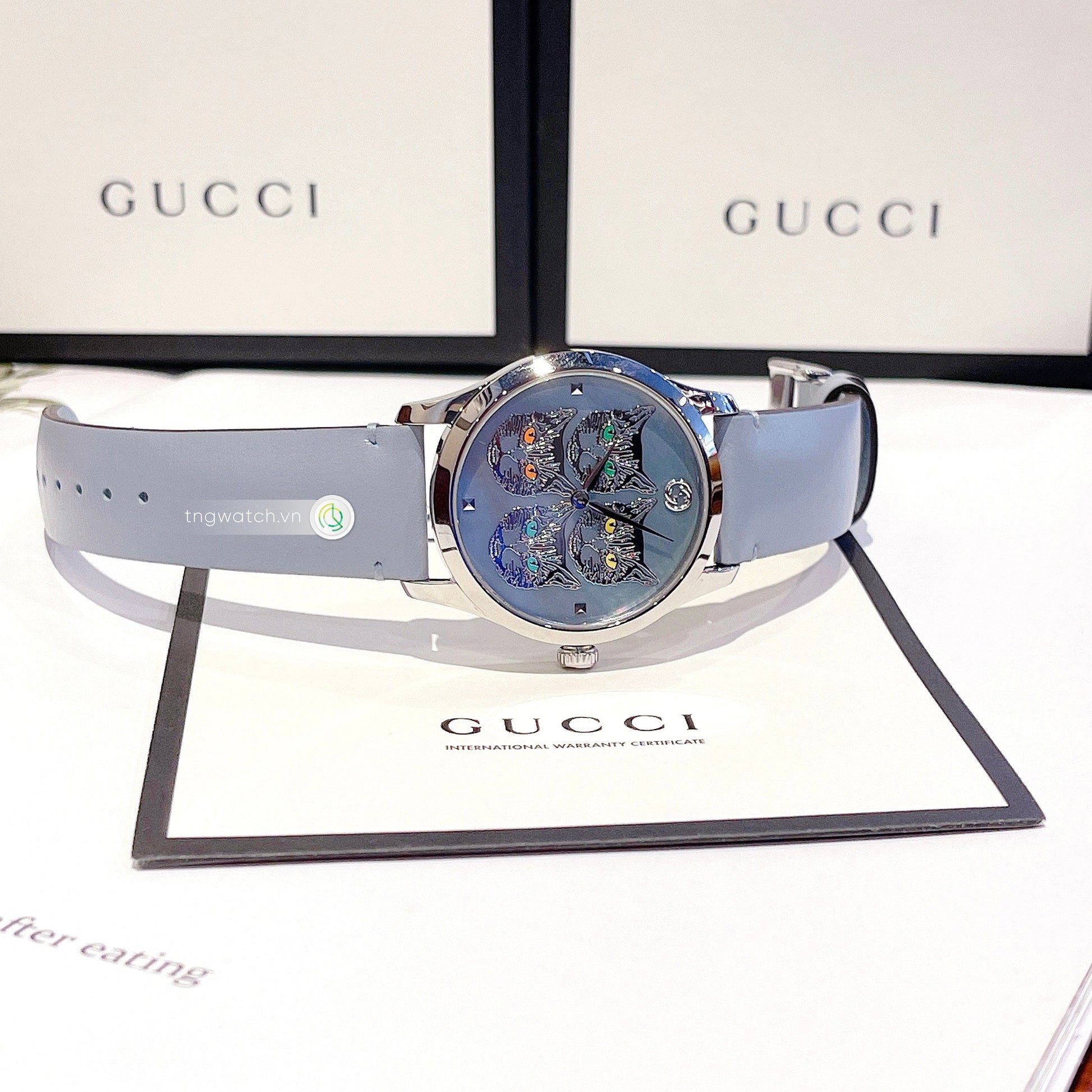Shop Authentic Gucci G Timeless Quartz Mother of Pearl Dial Blue Leather Strap Watch For Women - YA1264124 - Luxxuri