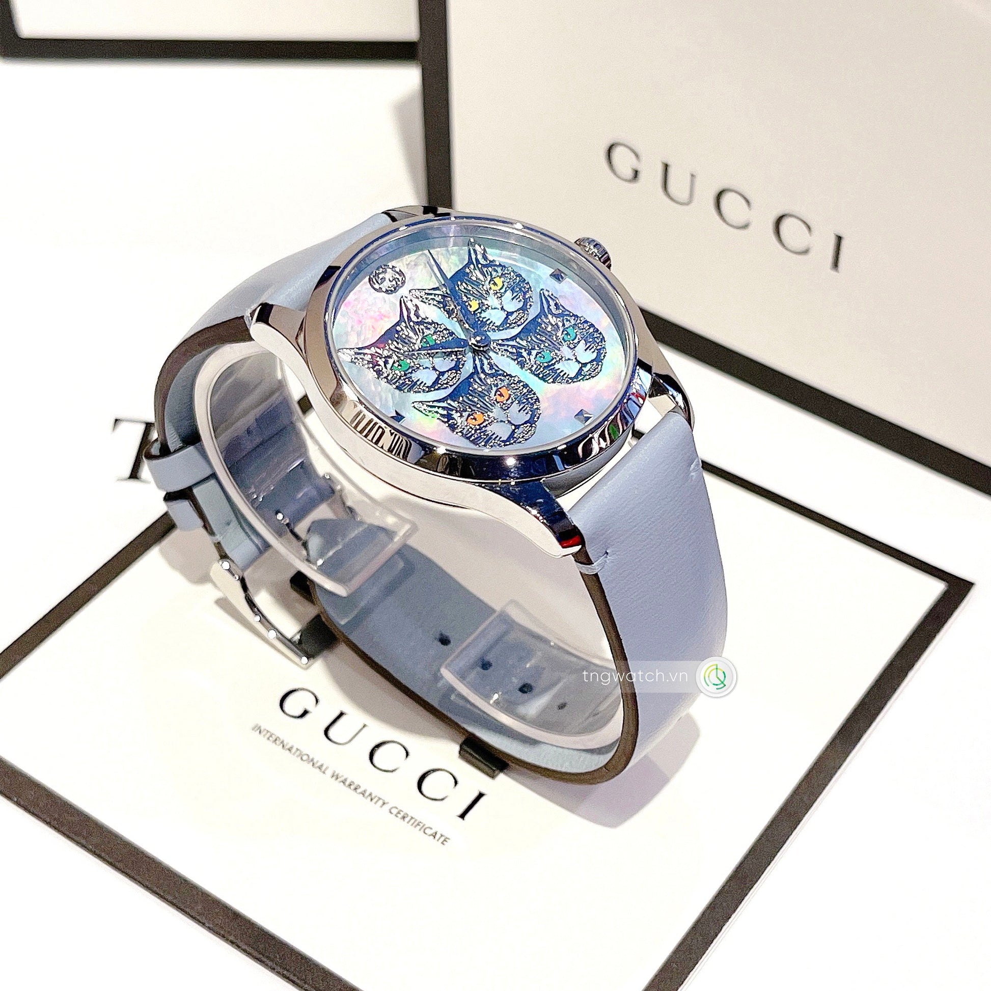 Shop Authentic Gucci G Timeless Quartz Mother of Pearl Dial Blue Leather Strap Watch For Women - YA1264124 - Luxxuri