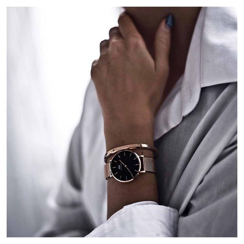 Shop Authentic Daniel Wellington Classic Petite Melrose Black Dial Rose Gold Mesh Bracelet Watch For Women - DW00100217 - Luxxuri