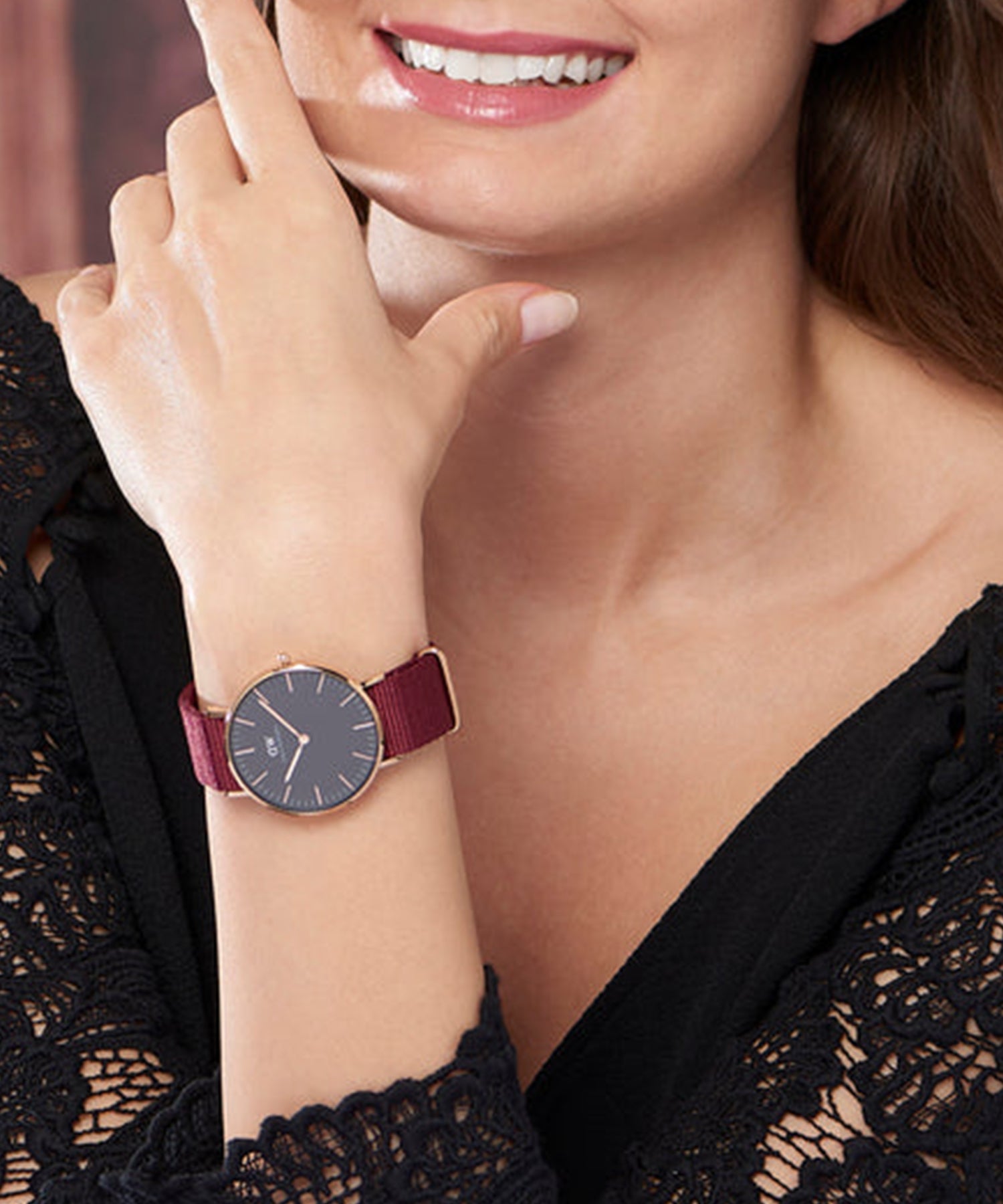 Shop Authentic Daniel Wellington Classic Roselyn Black Dial Maroon Nylon Strap Watch For Women - DW00100273 - Luxxuri