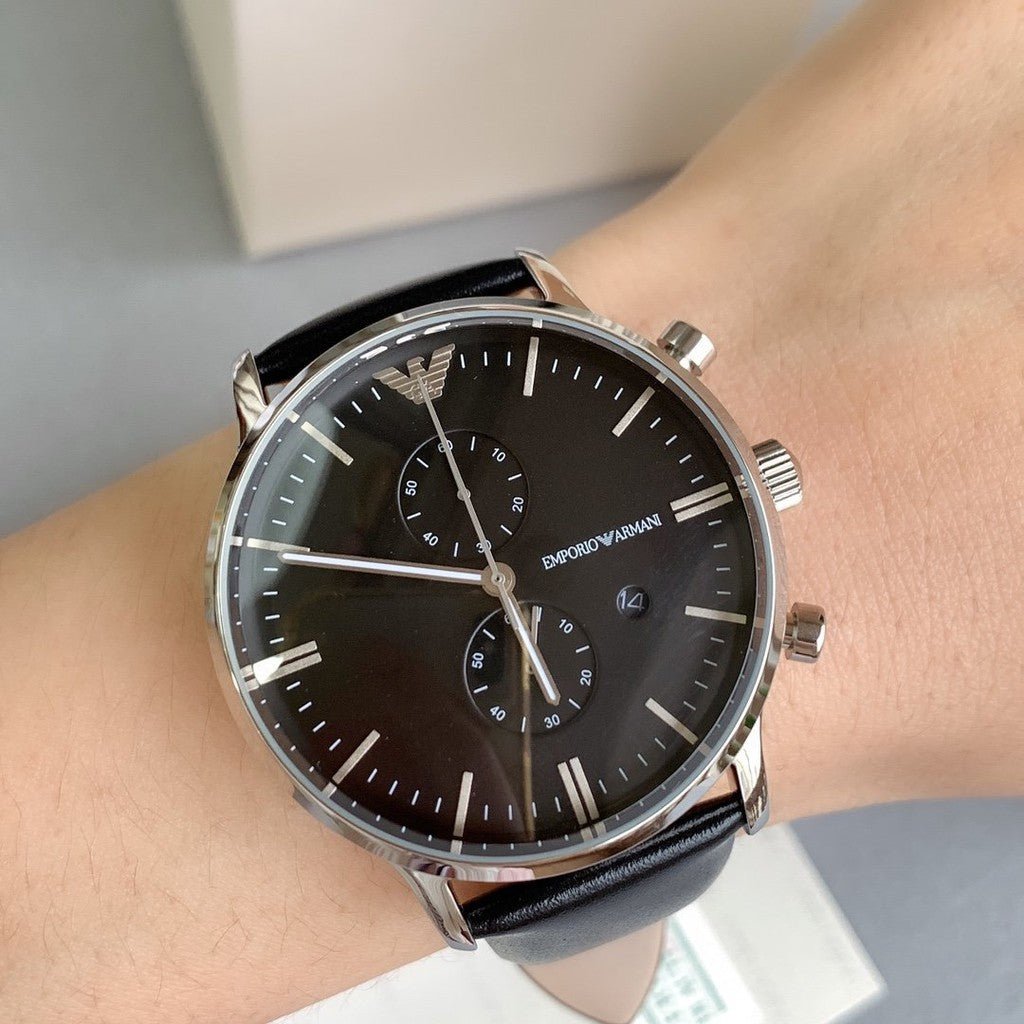 Emporio Armani Gianni Chronograph Black Dial Black Leather Strap Watch For Men - AR0397