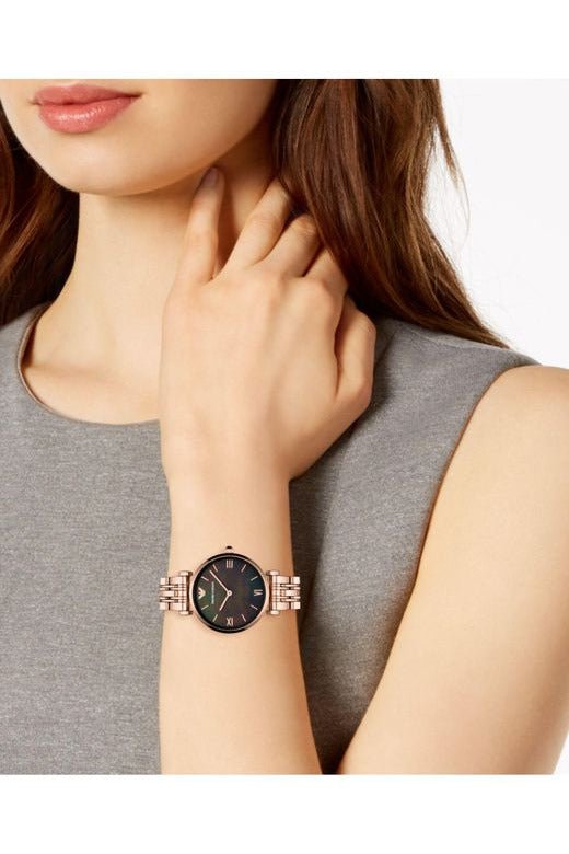 Emporio Armani Gianni T-Bar Black Dial Rose Gold Strap Watch For Women - AR11145