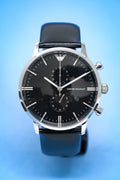 Shop Authentic Emporio Armani Gianni Chronograph Black Dial Black Leather Strap Watch For Men - AR0397 - Luxxuri
