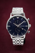 Shop Authentic Emporio Armani Gianni Chronograph Blue Dial Silver Steel Strap Watch For Men - AR1648 - Luxxuri