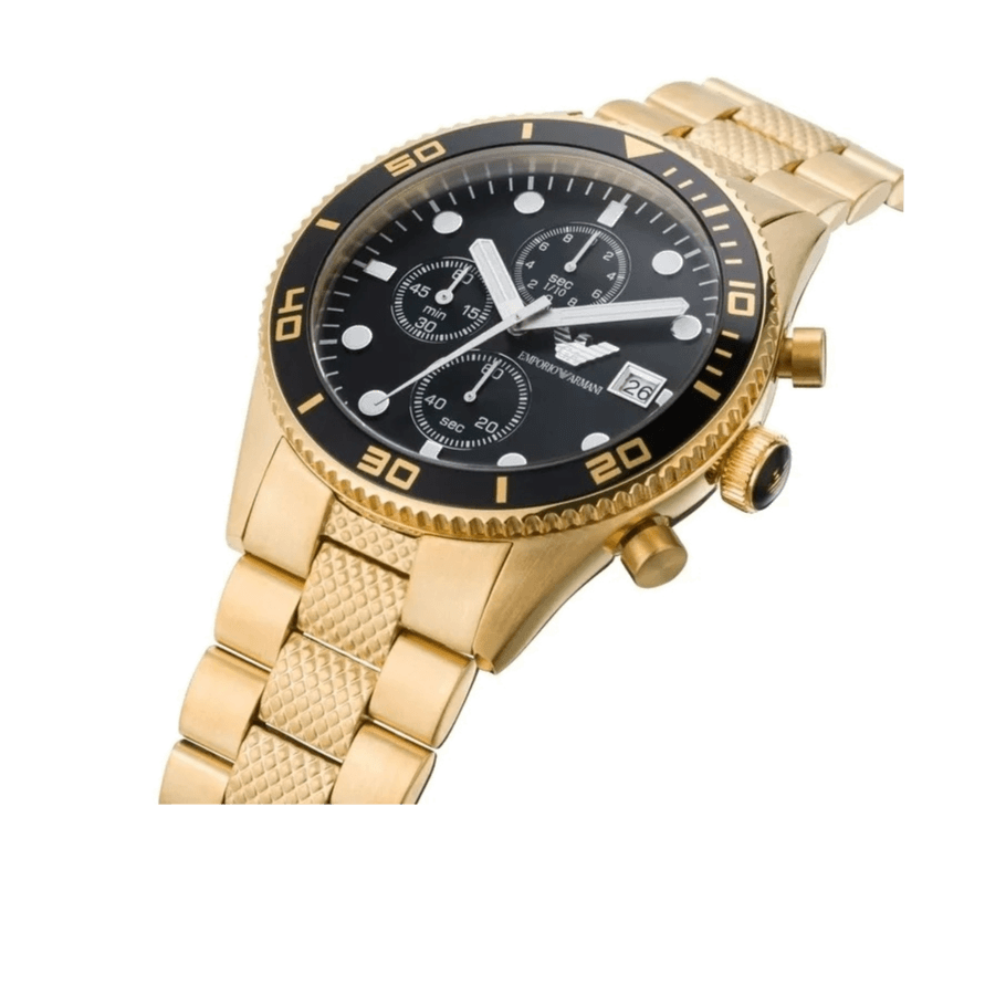 Emporio Armani Chronograph Black Dial Gold Steel Strap Watch For Men - AR5857