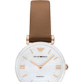 Shop Authentic Emporio Armani Gianni T Bar Quartz Mother of Pearl White Dial Brown Leather Strap Watch For Women - AR11040 - Luxxuri