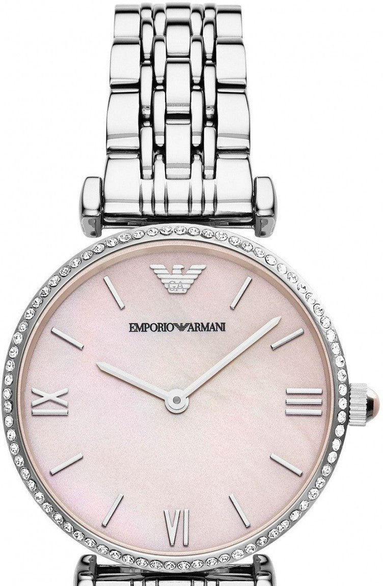 Emporio Armani Gianni T Bar Pink Mother of Pearl Dial Silver Steel Strap Watch For Women - AR1779