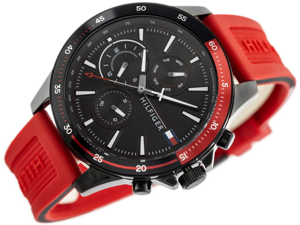 Tommy Hilfiger Multifunction Quartz Black Dial Red Rubber Strap Watch for Men - 1791722