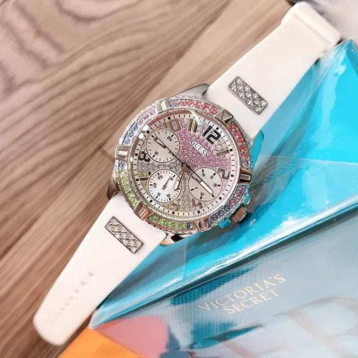 Guess Frontier Diamonds Silver Dial White Rubber Strap Watch for Women - GW0045L1