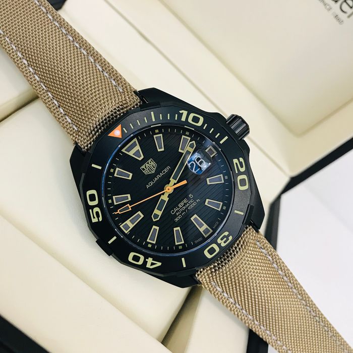 Tag Heuer Aquaracer 300 Calibre 5 Automatic Black Dial Brown Fabric Strap Watch for Men - WAY208C.FC6383