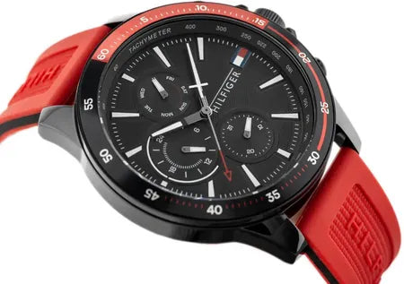 Tommy Hilfiger Multifunction Quartz Black Dial Red Rubber Strap Watch for Men - 1791722
