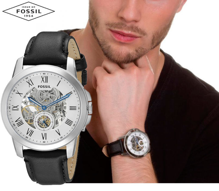 Fossil Grant Skeleton White Dial Black Leather Strap Watch for Men - ME3053