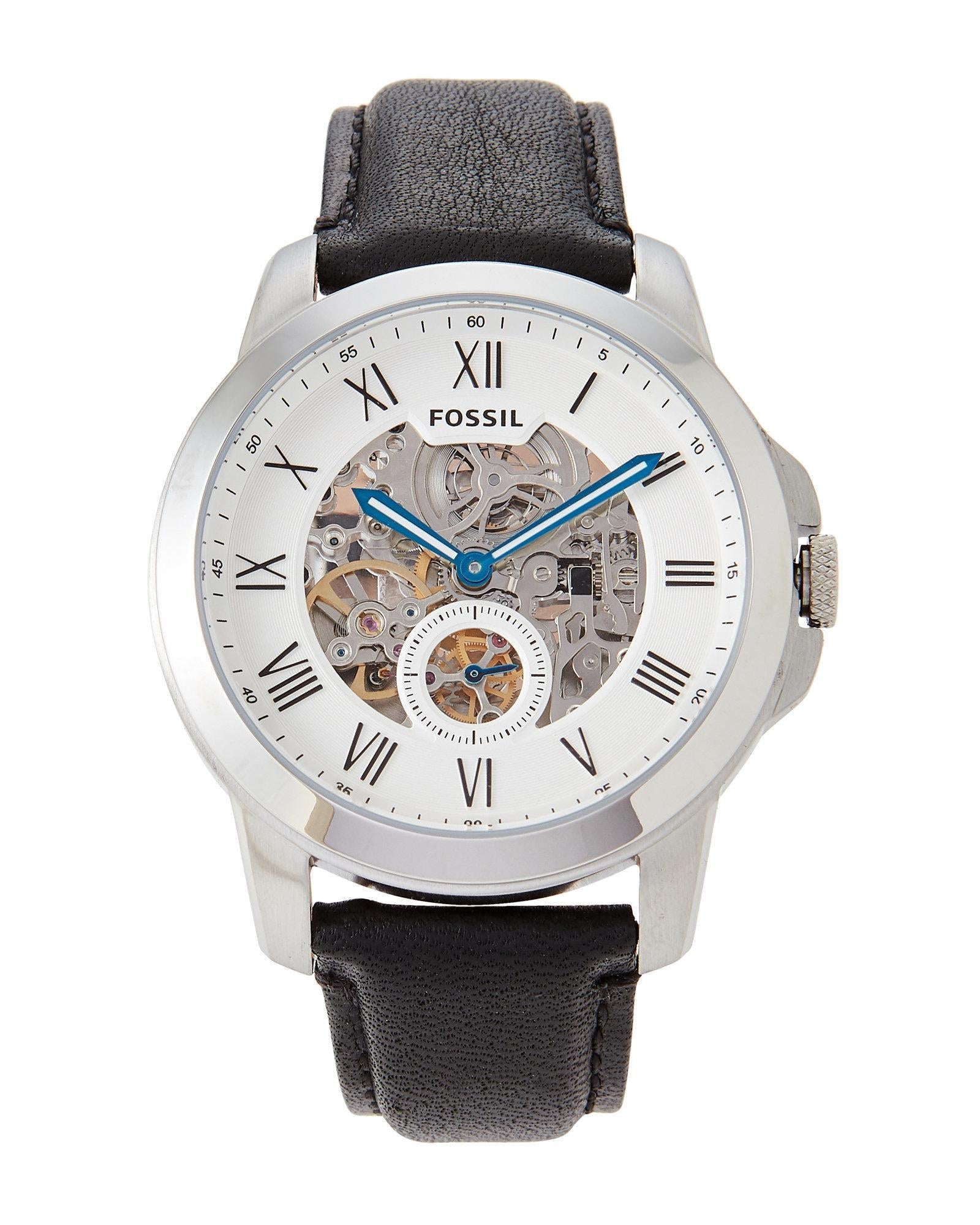 Fossil Grant Skeleton White Dial Black Leather Strap Watch for Men - ME3053
