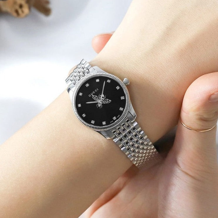 Shop Authentic Gucci G Timeless Quartz Black Dial Silver Steel Strap Watch For Women - YA1265020 - Luxxuri