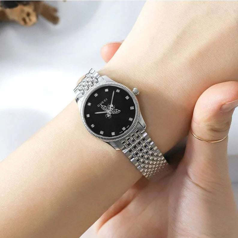 Shop Authentic Gucci G Timeless Quartz Black Dial Silver Steel Strap Watch For Women - YA1265020 - Luxxuri