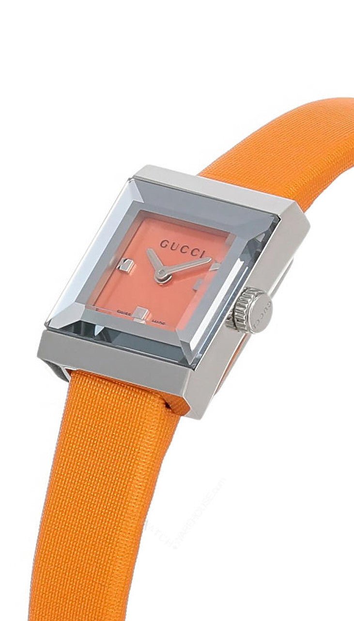 Shop Authentic Gucci G-Frame Square Mother of Pearl Orange Dial Orange Leather Strap Watch For Women - YA128532 - Luxxuri