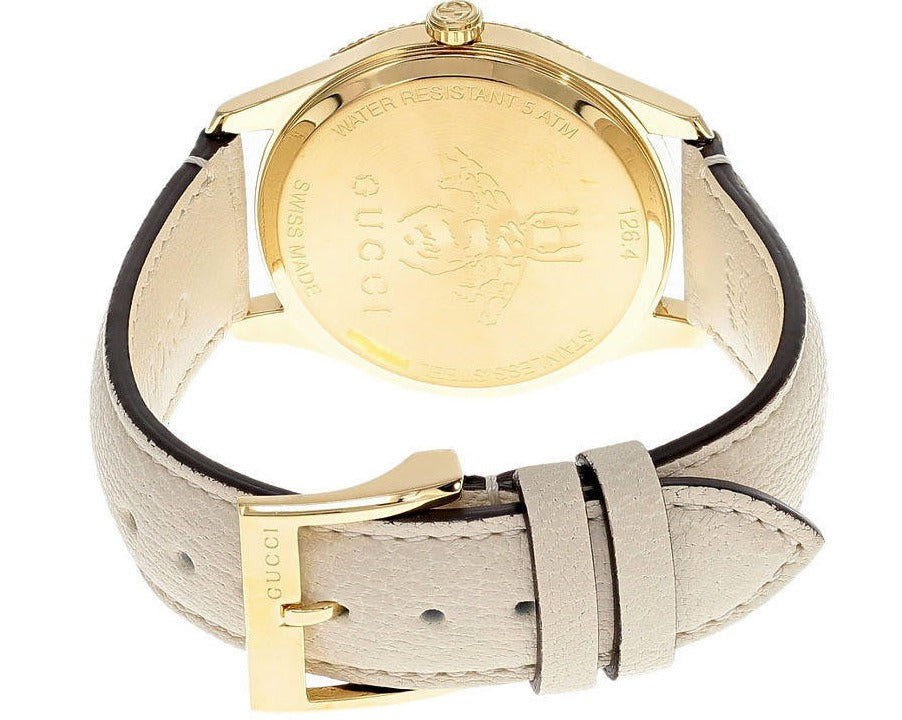 Shop Authentic Gucci G Timeless Quartz Gold Dial Beige Leather Strap Watch For Women - YA1264180 - Luxxuri