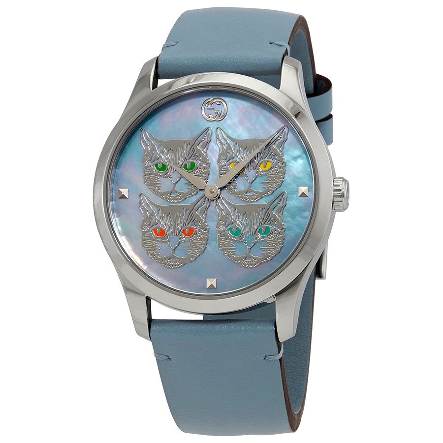 Shop Authentic Gucci G Timeless Quartz Mother of Pearl Dial Blue Leather Strap Watch For Women - YA1264124 - Luxxuri