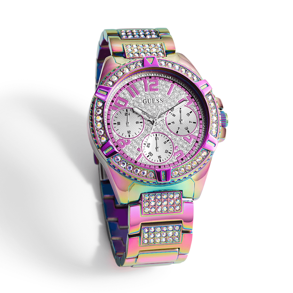 Shop Authentic Guess Lady Frontier Diamonds Silver Dial Multicolor Steel Strap Watch for Women - GW0044L1 - Luxxuri