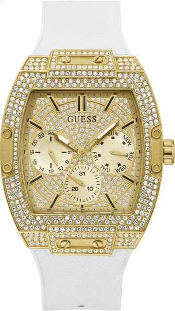 Shop Authentic Guess Phoenix Multifunction Quartz Gold Dial White Silicon Strap Watch For Men - GW0048G3 - Luxxuri