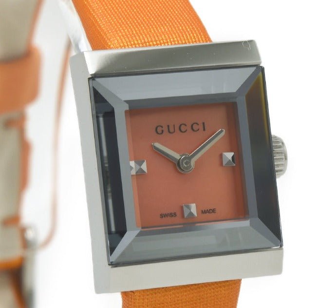 Shop Authentic Gucci G-Frame Square Mother of Pearl Orange Dial Orange Leather Strap Watch For Women - YA128532 - Luxxuri