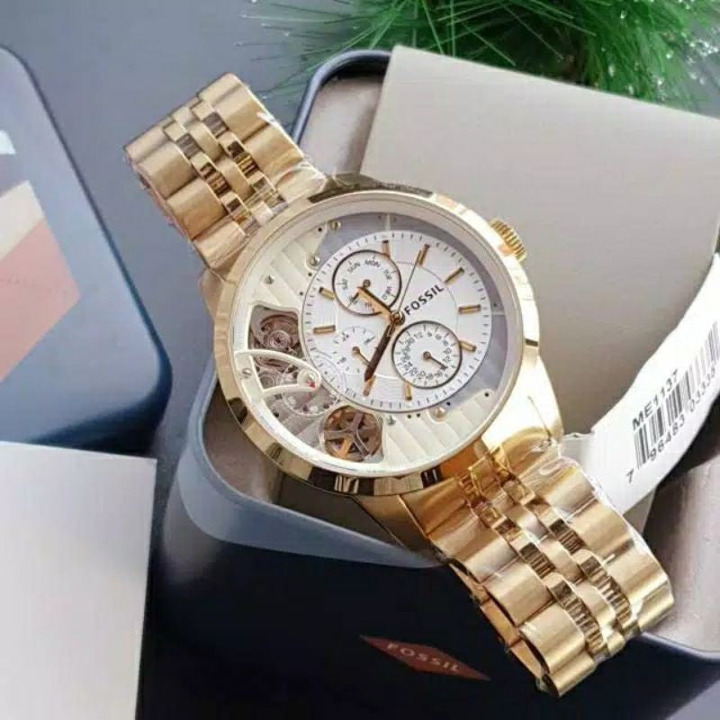 Fossil Townsman Chronograph Skeleton Gold Dial Gold Steel Strap Watch for Men - ME1137