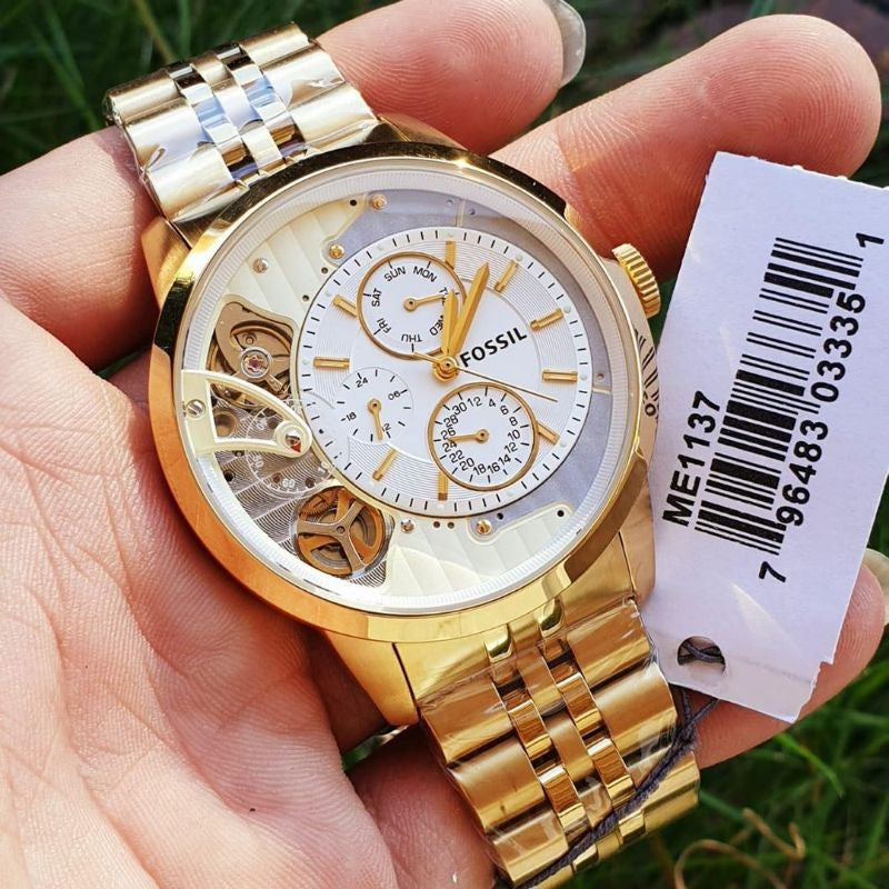 Fossil Townsman Chronograph Skeleton Gold Dial Gold Steel Strap Watch for Men - ME1137