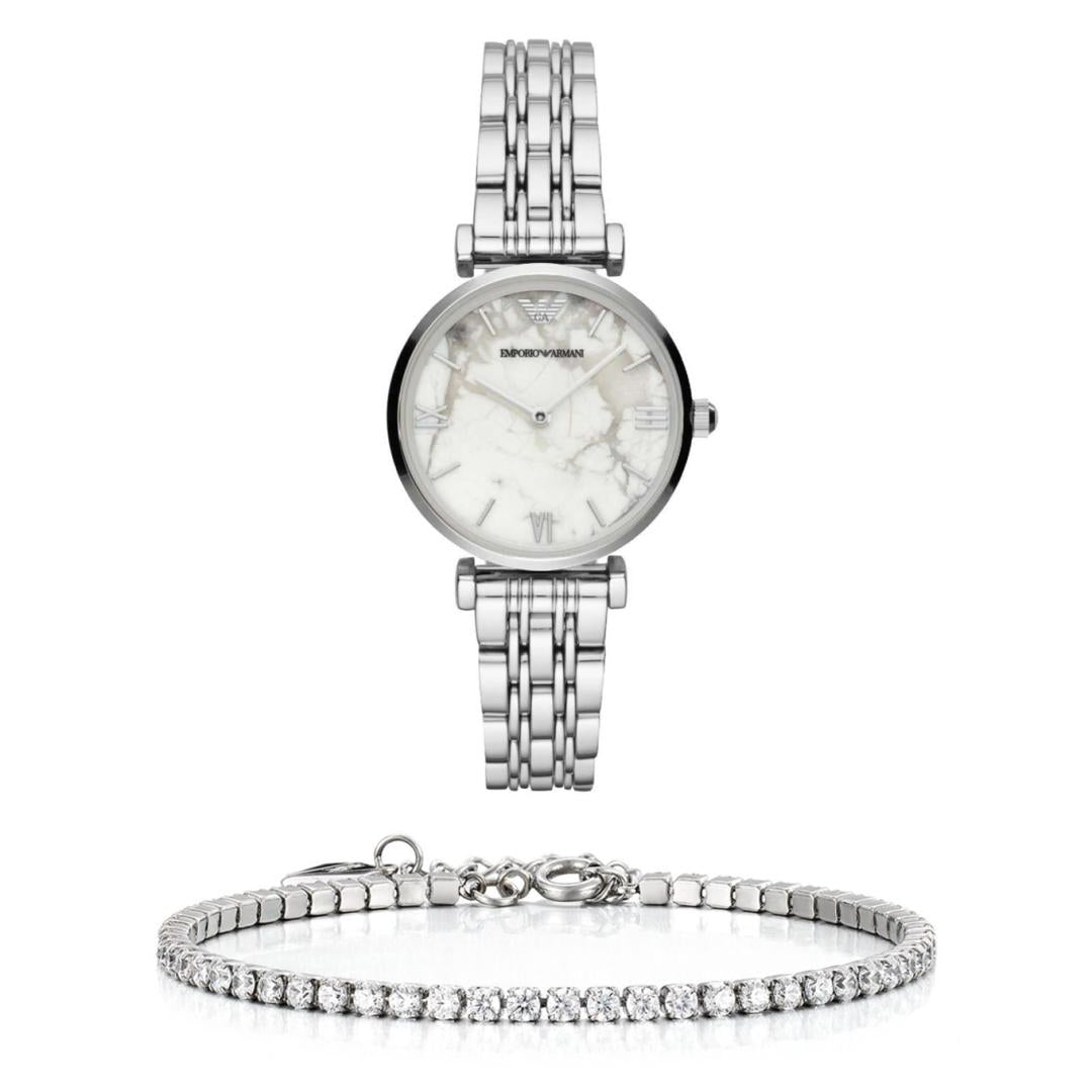 Emporio Armani Gianni T Bar White Marble Dial Silver Steel Strap Watch For Women - AR11170