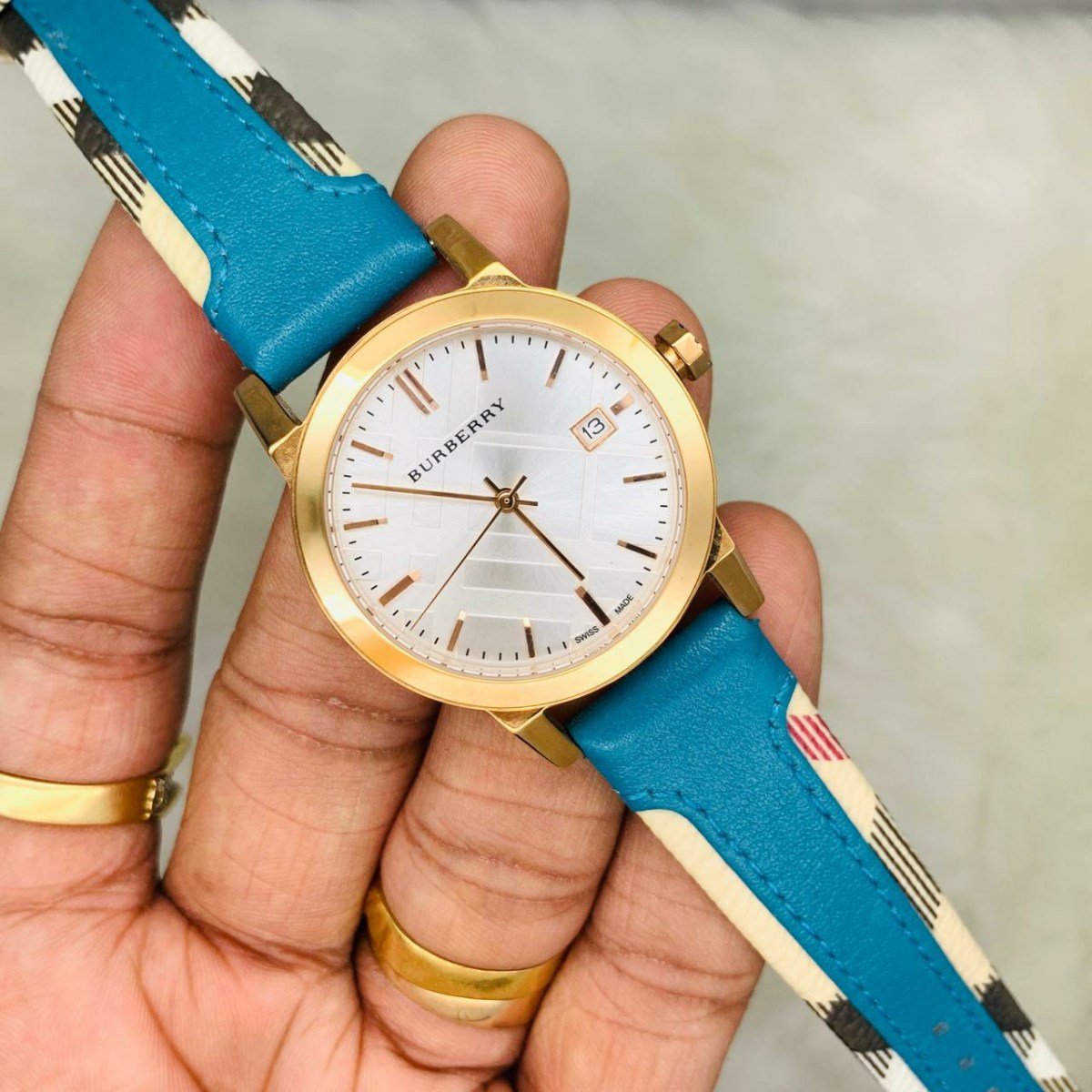 Burberry The City Gold Dial Blue Leather Strap Watch for Women - BU9018