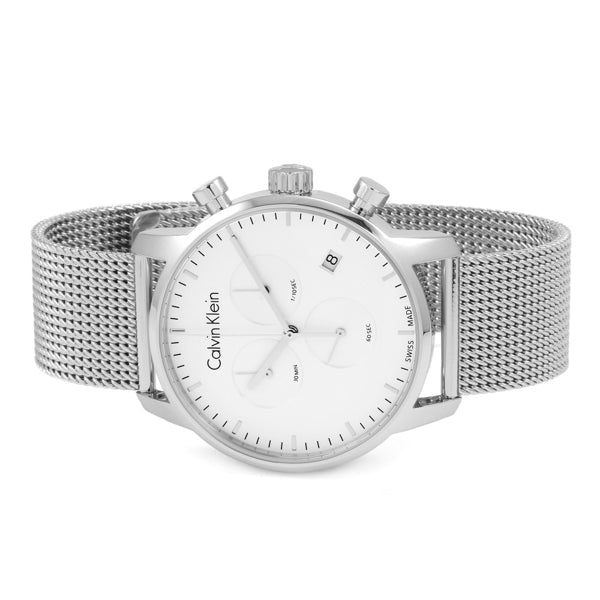 Shop Authentic Calvin Klein City Chronograph White Dial Silver Mesh Bracelet Watch for Men - K2G27126 - Luxxuri