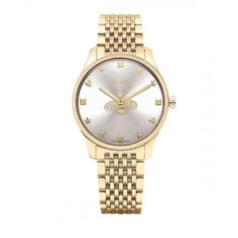 Shop Authentic Gucci G Timeless Quartz Silver Dial Gold Steel Strap Watch For Women - YA1264155 - Luxxuri