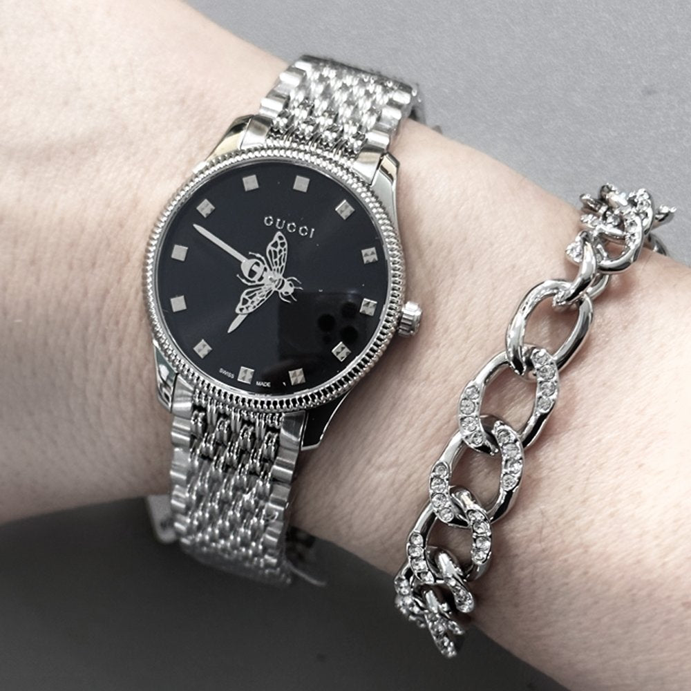 Shop Authentic Gucci G Timeless Quartz Black Dial Silver Steel Strap Watch For Women - YA1265020 - Luxxuri