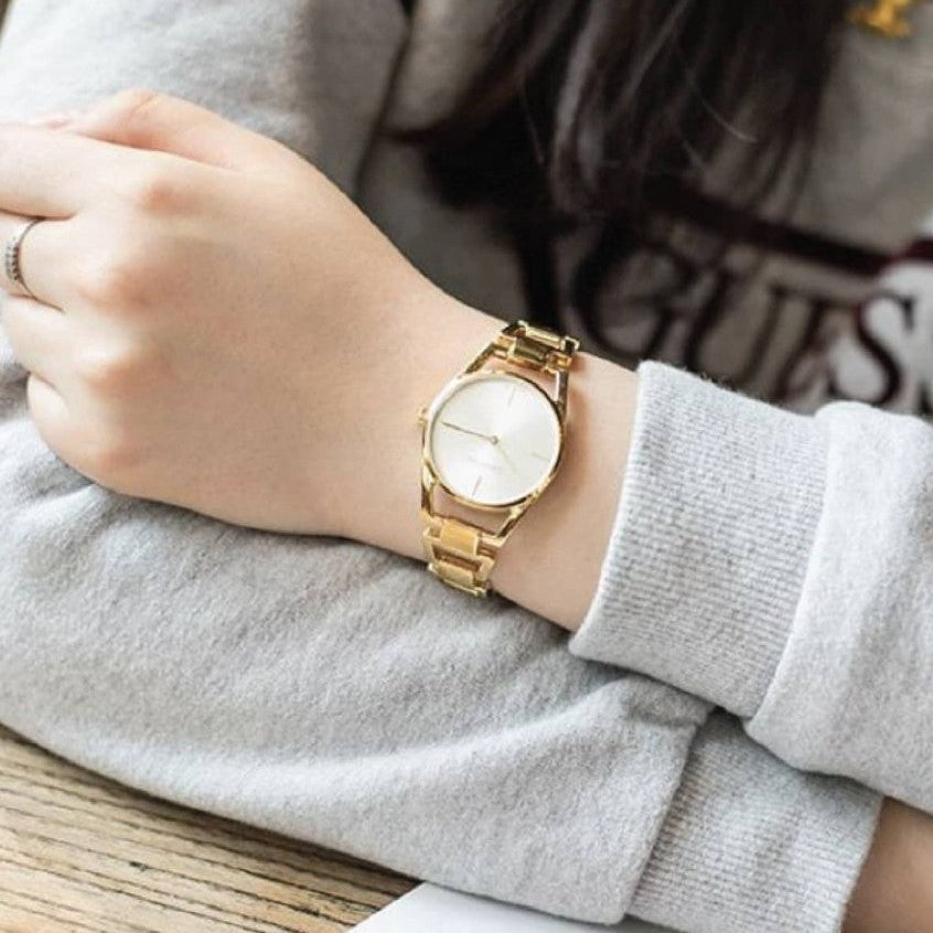 Shop Authentic Calvin Klein Dainty White Dial Gold Steel Strap Watch for Women - K7L23546 - Luxxuri