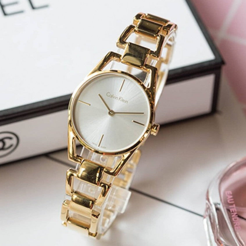 Shop Authentic Calvin Klein Dainty White Dial Gold Steel Strap Watch for Women - K7L23546 - Luxxuri