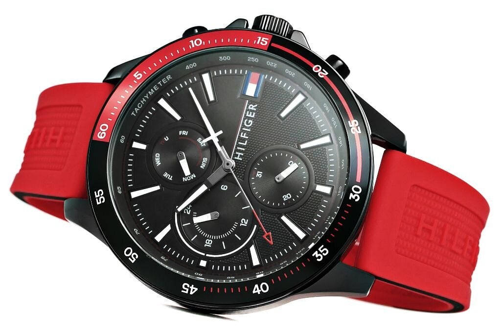 Tommy Hilfiger Multifunction Quartz Black Dial Red Rubber Strap Watch for Men - 1791722