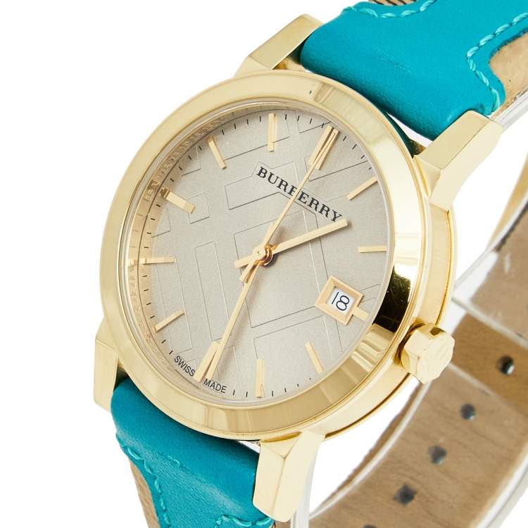 Shop Authentic Burberry The City Gold Dial Blue Leather Strap Watch for Women - BU9018 - Luxxuri