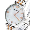 Shop Authentic Emporio Armani Gianni T-Bar Mother of Pearl Dial Two Tone Steel Strap Watch For Women - AR1987 - Luxxuri