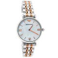 Shop Authentic Emporio Armani Gianni T-Bar Mother of Pearl Dial Two Tone Steel Strap Watch For Women - AR1987 - Luxxuri