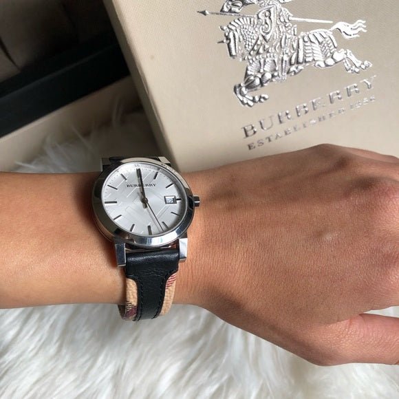 Burberry The City White Dial Black Haymarket Leather Strap Watch for Women - BU9150