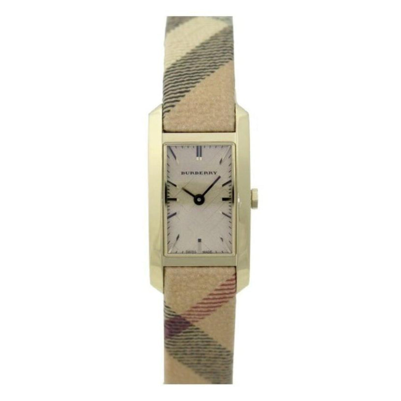 Burberry Pioneer Gold Dial Haymarket Beige Leather Strap Watch for Women - BU9509