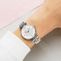 Shop Authentic Emporio Armani Gianni T Bar White Crystal Pave Dial Silver Stainless Steel Strap Watch For Women - AR1925 - Luxxuri