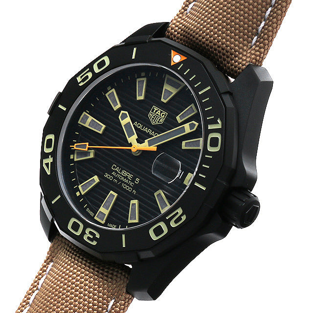 Shop Authentic Tag Heuer Aquaracer 300 Calibre 5 Automatic Black Dial Brown Fabric Strap Watch for Men - WAY208C.FC6383 - Luxxuri