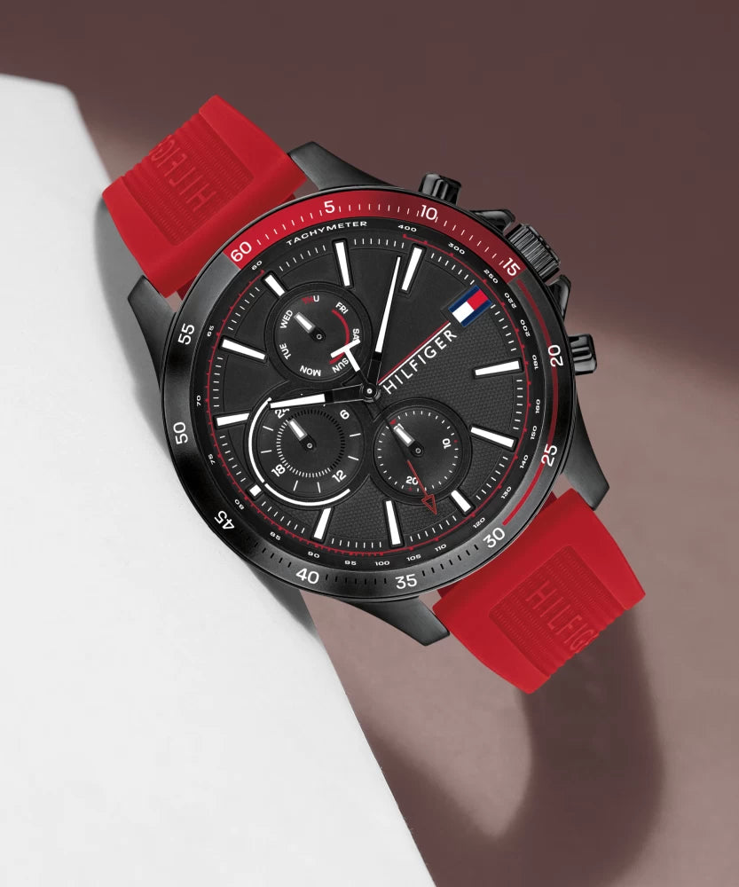 Tommy Hilfiger Multifunction Quartz Black Dial Red Rubber Strap Watch for Men - 1791722