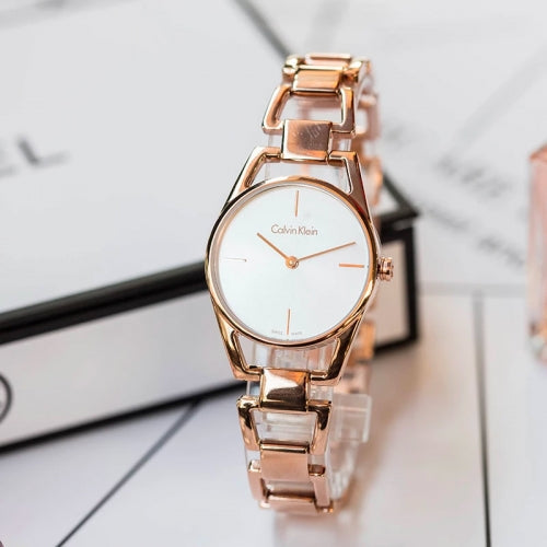 Shop Authentic Calvin Klein Dainty White Dial Rose Gold Steel Strap Watch for Women - K7L23646 - Luxxuri