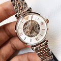 Shop Authentic Emporio Armani Gianni T Bar Silver Skeleton Dial Two Tone Strap Watch For Women - AR1992 - Luxxuri