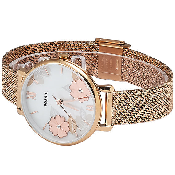 Fossil Jacqueline Three-Hand White Dial Rose Gold Mesh Bracelet Watch for Women - ES4534